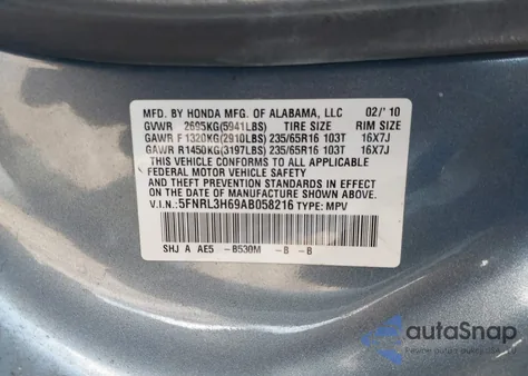 2010 Honda Odyssey Ex-L из США, поврежденный, VIN 5FNRL3H69AB058216